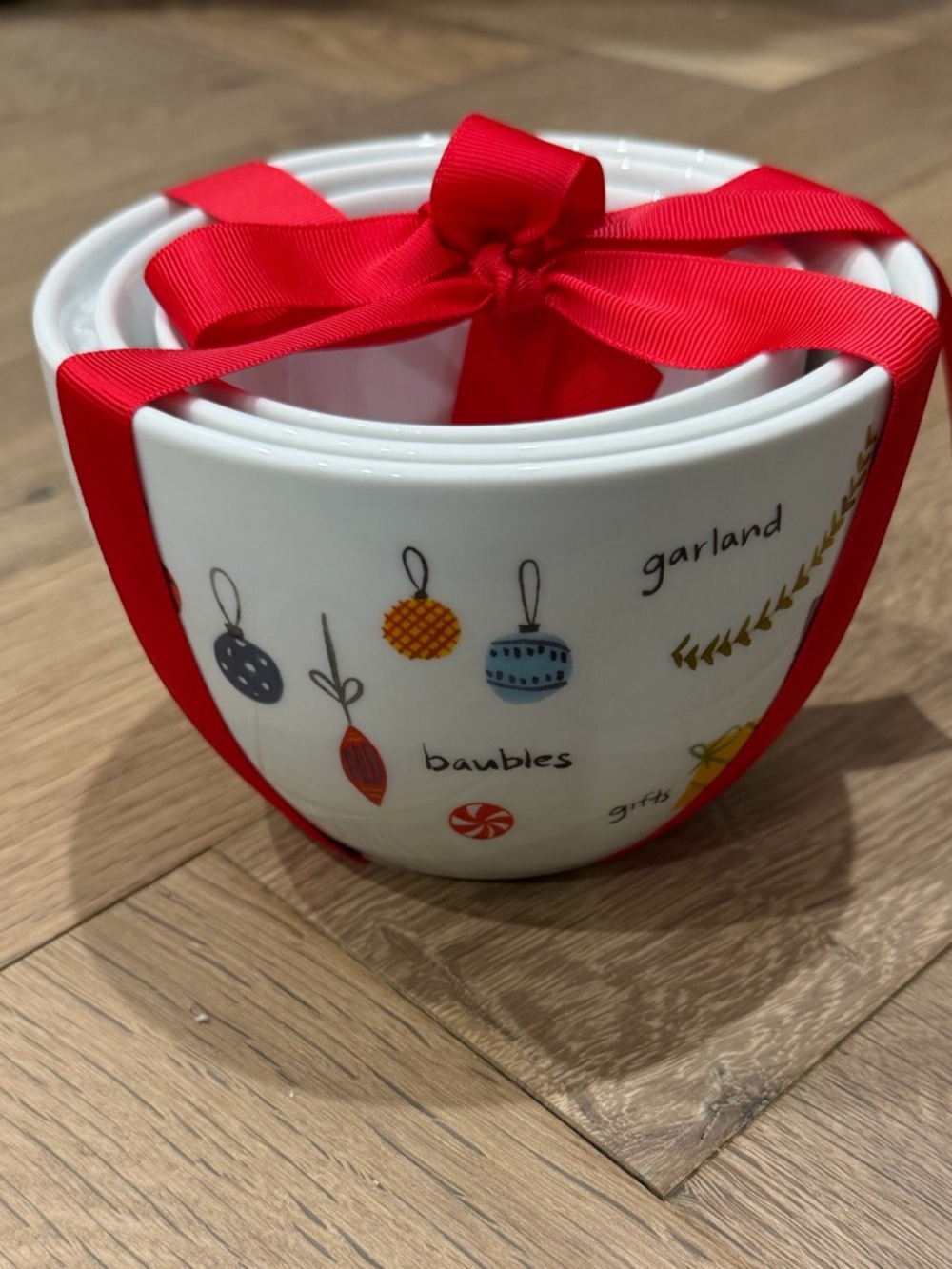 Crate and Barrel Holiday Baubles Ceramic Nesting Bowls with Red Ribbon
